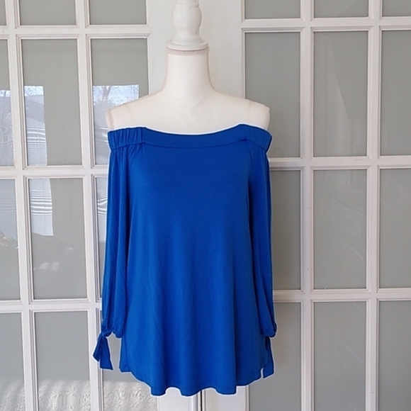 Cable & Gauge Cobalt Blue Off The Shoulder Tie Sleeve Blouse - Picture 1 of 12